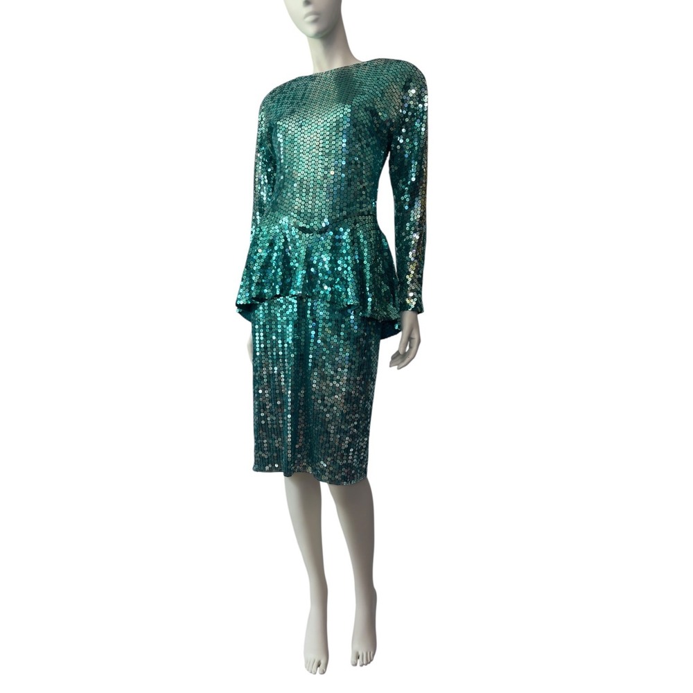Vintage 80s Teal Sequin Peplum Midi Dress with Dolman Sleeves and Shoulder Pads